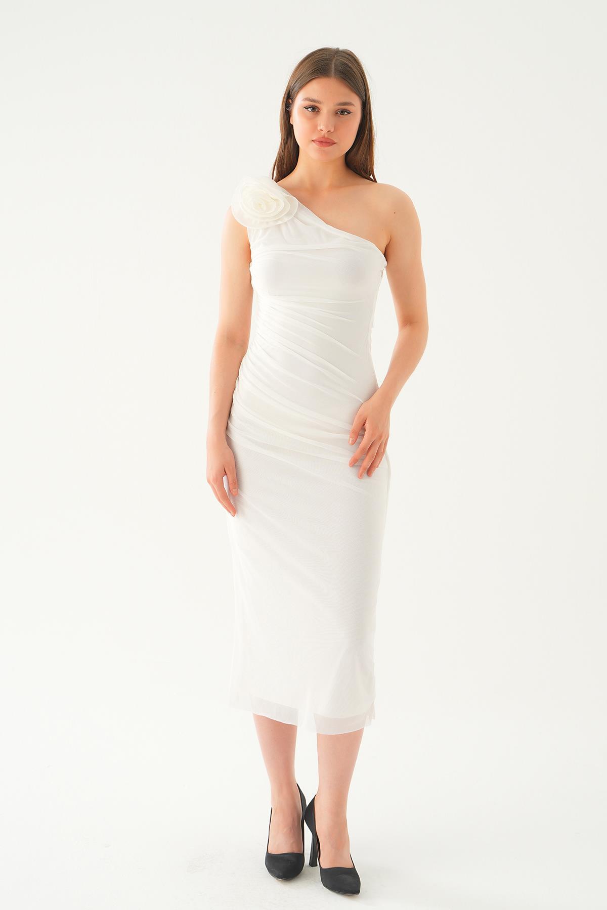 Ekru Tek Omuz Gül Detay Elbise 241682 - 6