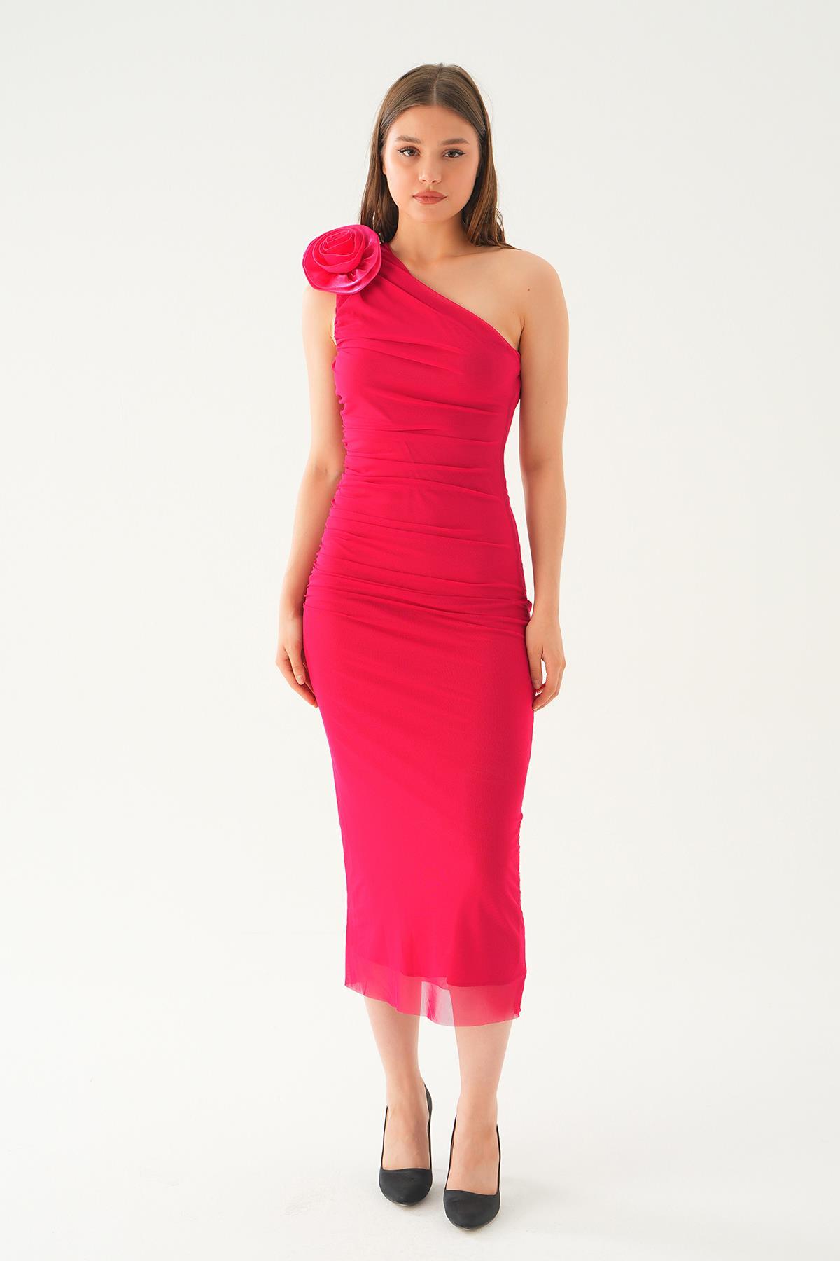 Fuşya Tek Omuz Gül Detay Elbise 241682 - 3