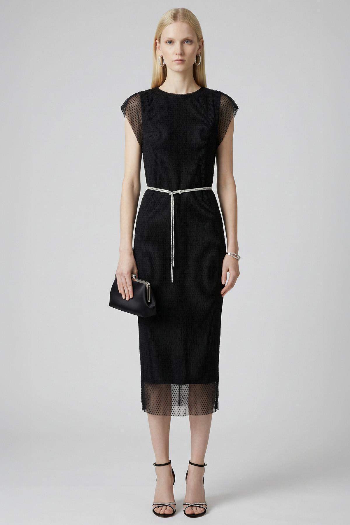 241688 Vatkalı Bel Bağlamalı Elbise Siyah - 1