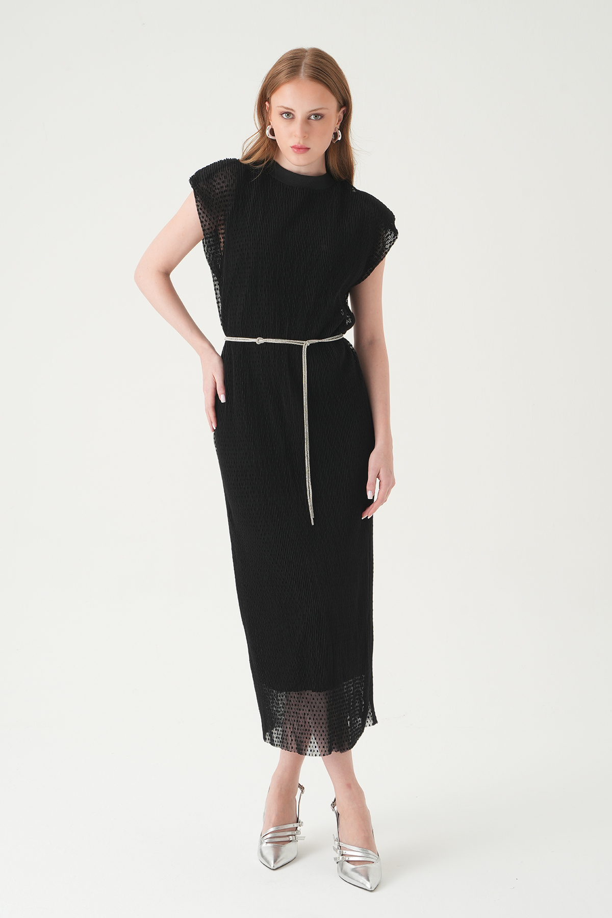 Siyah Vatkalı Bel Bağlamalı Elbise 241688 - 1