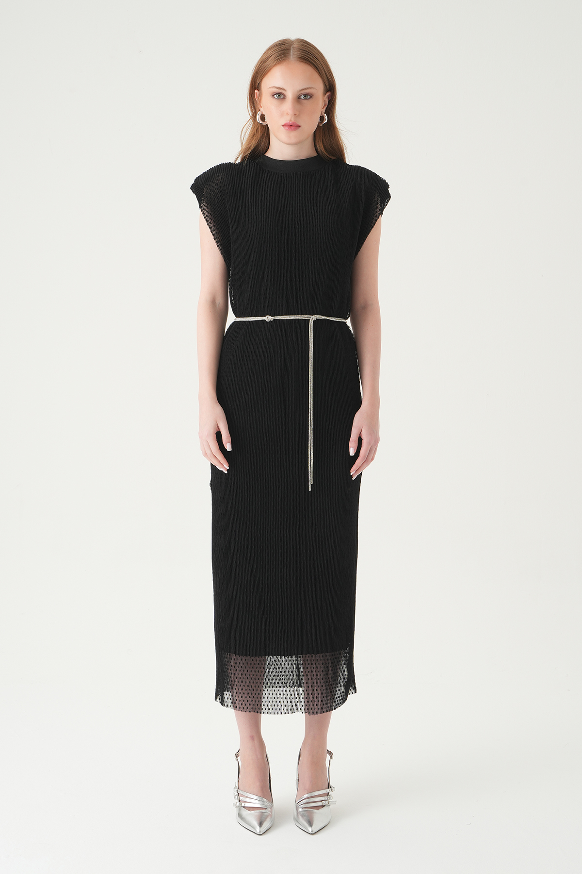 Siyah Vatkalı Bel Bağlamalı Elbise 241688 - 2