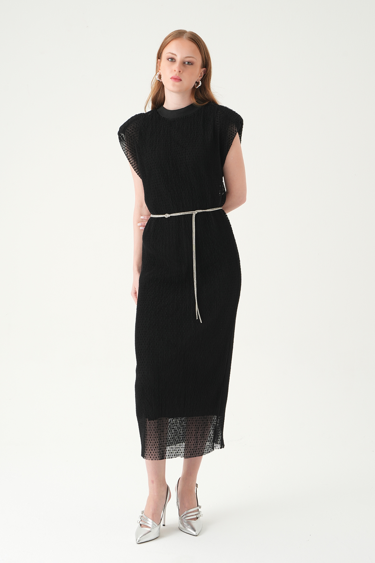 Siyah Vatkalı Bel Bağlamalı Elbise 241688 - 3