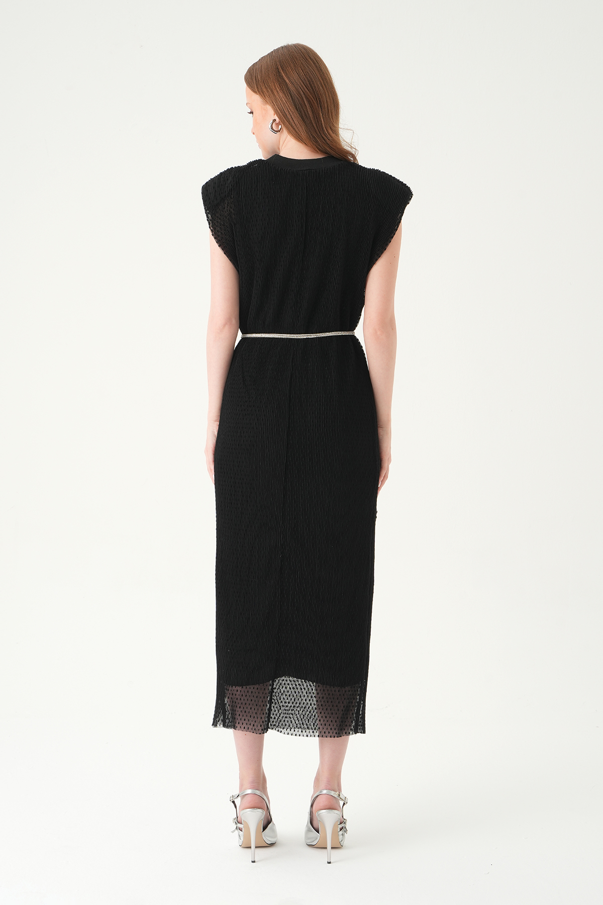 Siyah Vatkalı Bel Bağlamalı Elbise 241688 - 5