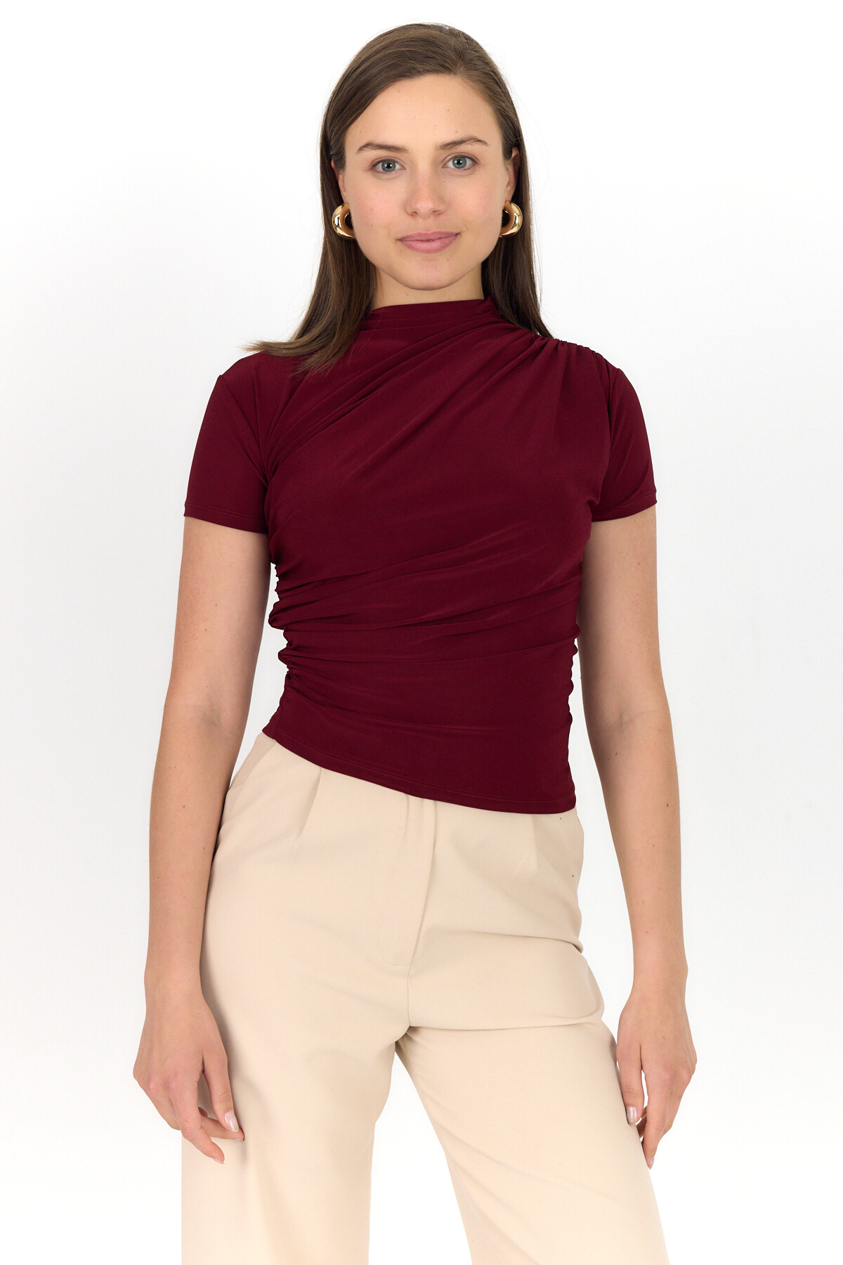 Bordo Kısa Kol Büzgülü Sandy Bluz 2417 - RAYS