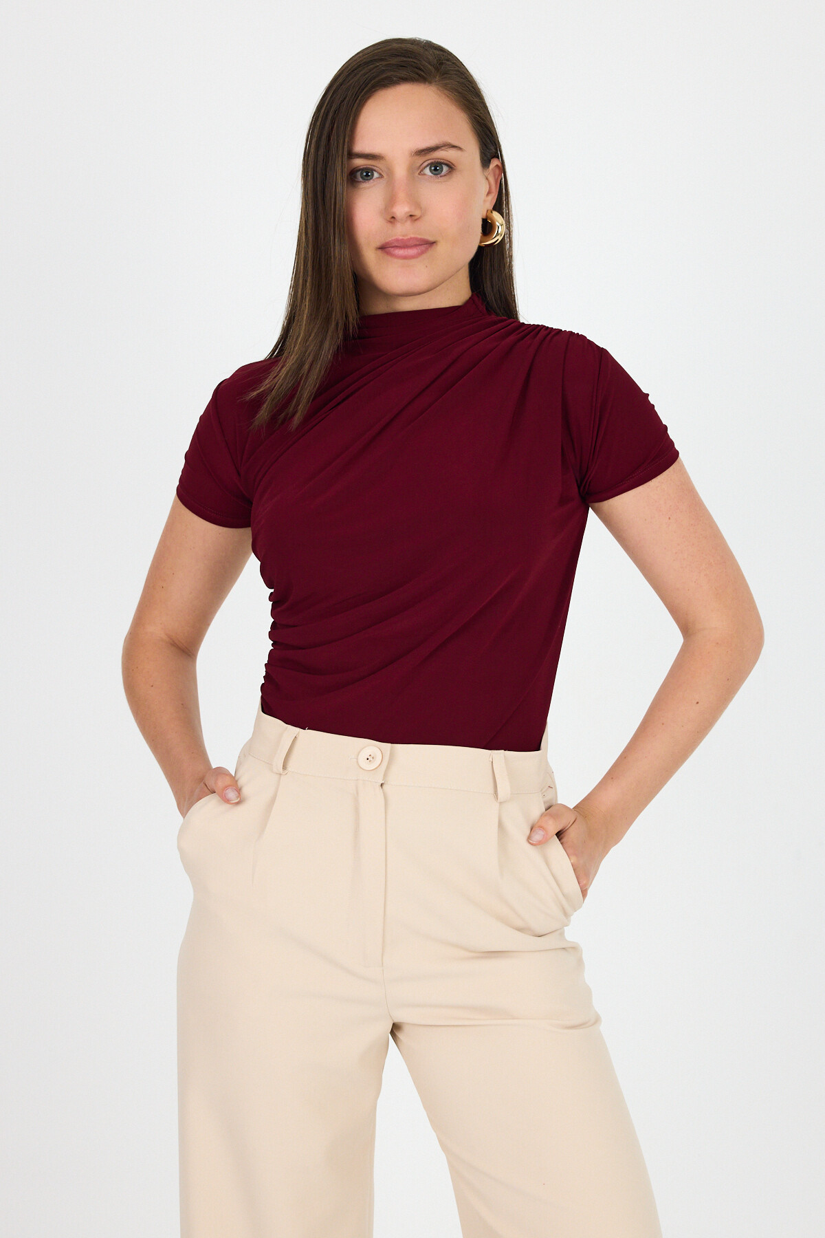 Bordo Kısa Kol Büzgülü Sandy Bluz 2417 - RAYS