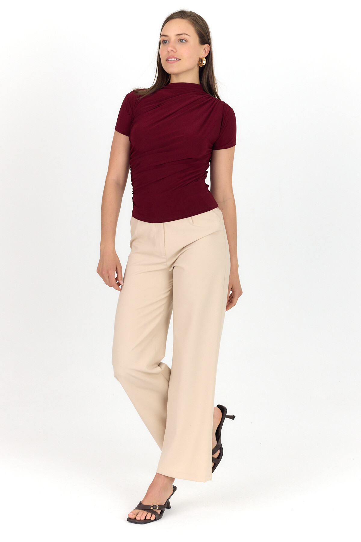 Bordo Kısa Kol Büzgülü Sandy Bluz 2417 - RAYS