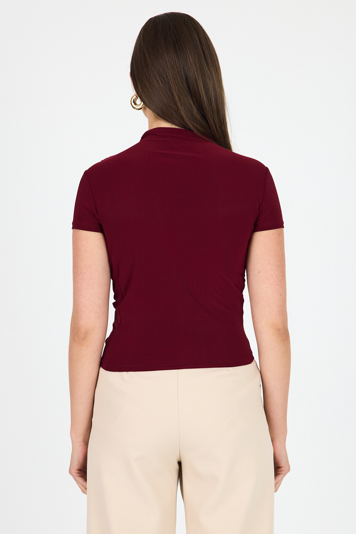 Bordo Kısa Kol Büzgülü Sandy Bluz 2417 - 5