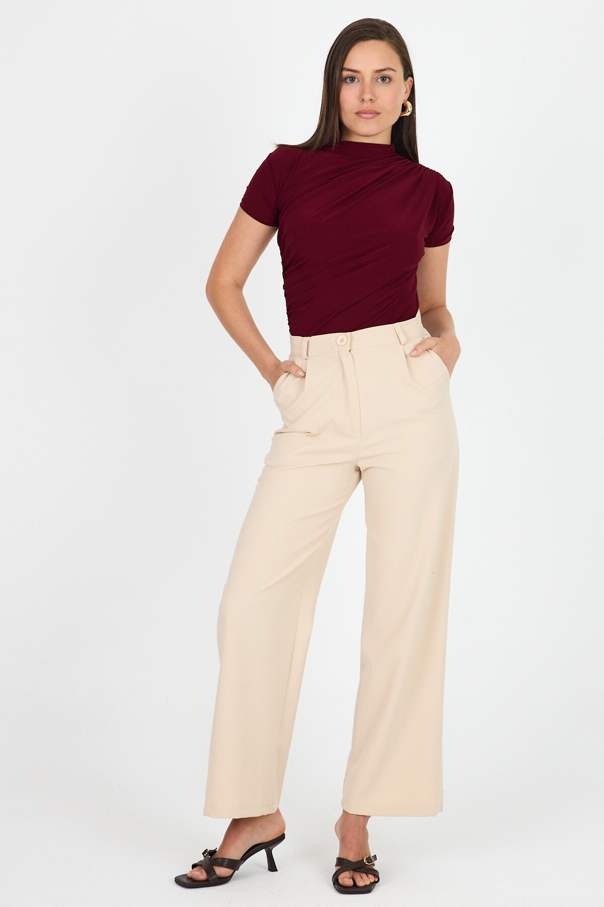 Bordo Kısa Kol Büzgülü Sandy Bluz 2417 - 6