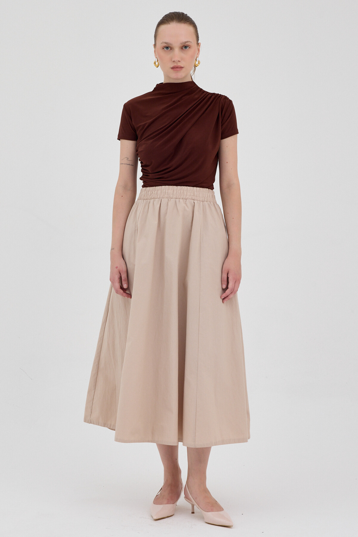 Kahve Kısa Kol Büzgülü Sandy Bluz 2417 - 3