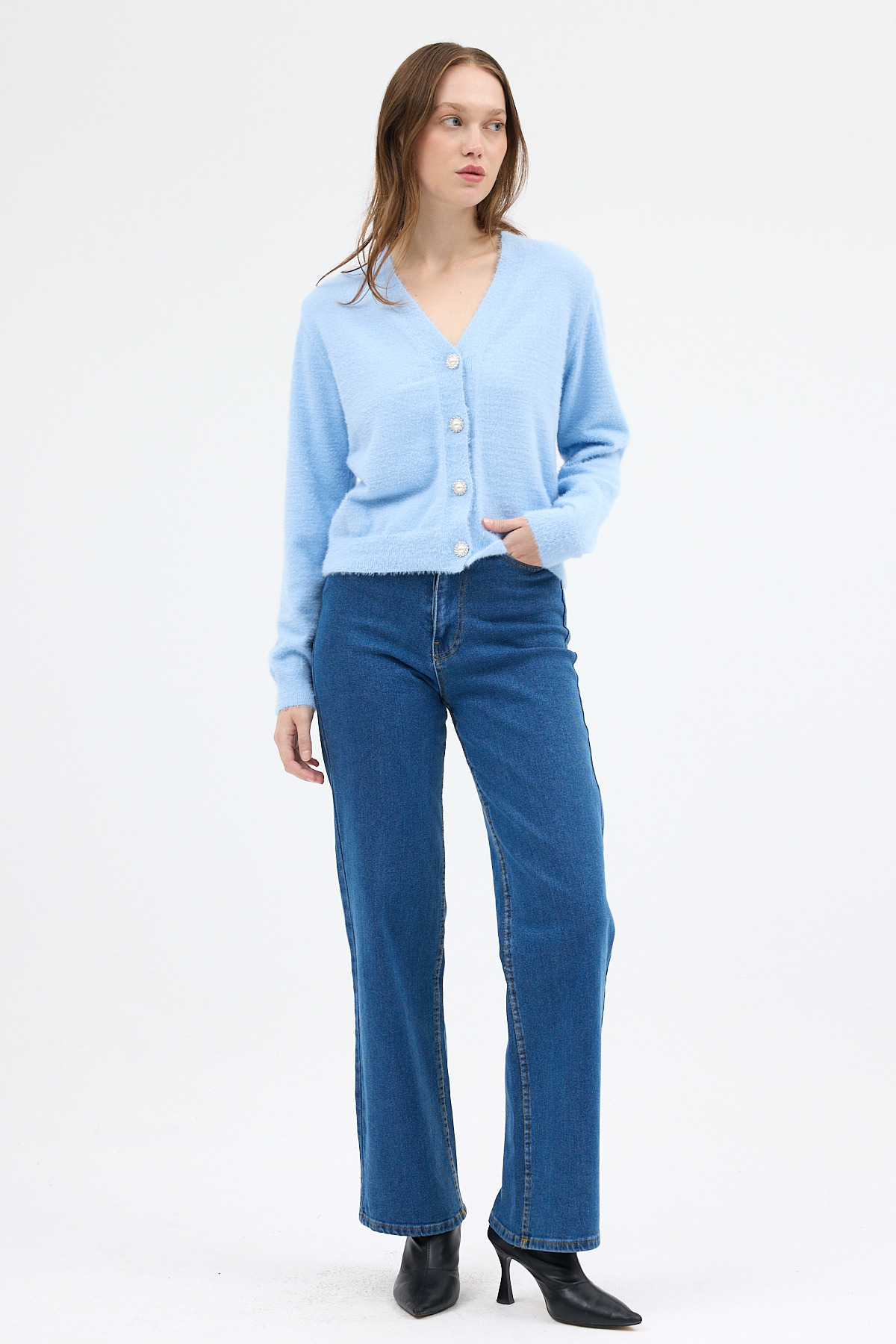 Bebe Mavi İnci Düğmeli Tüylü Kadın Crop Hırka 24170 - 3