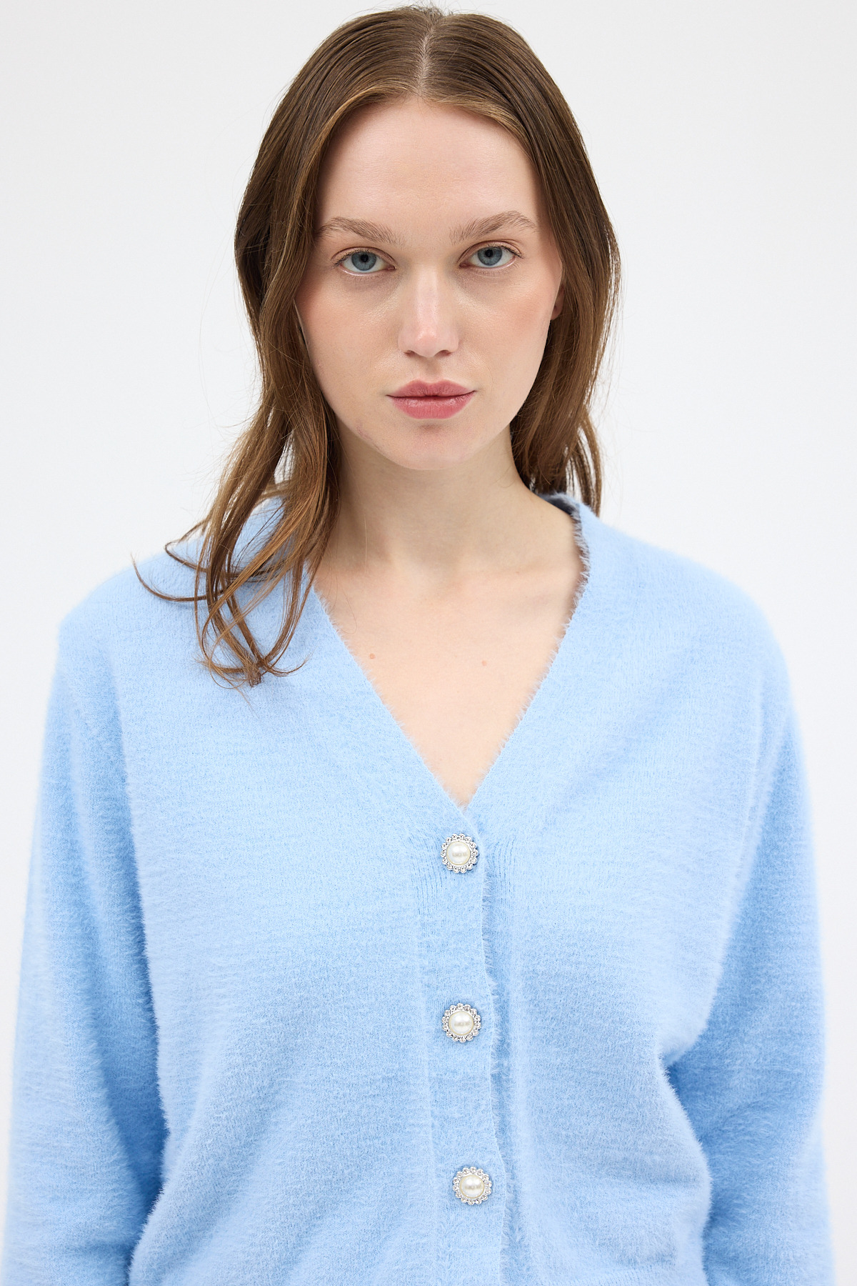 Bebe Mavi İnci Düğmeli Tüylü Kadın Crop Hırka 24170 - 4