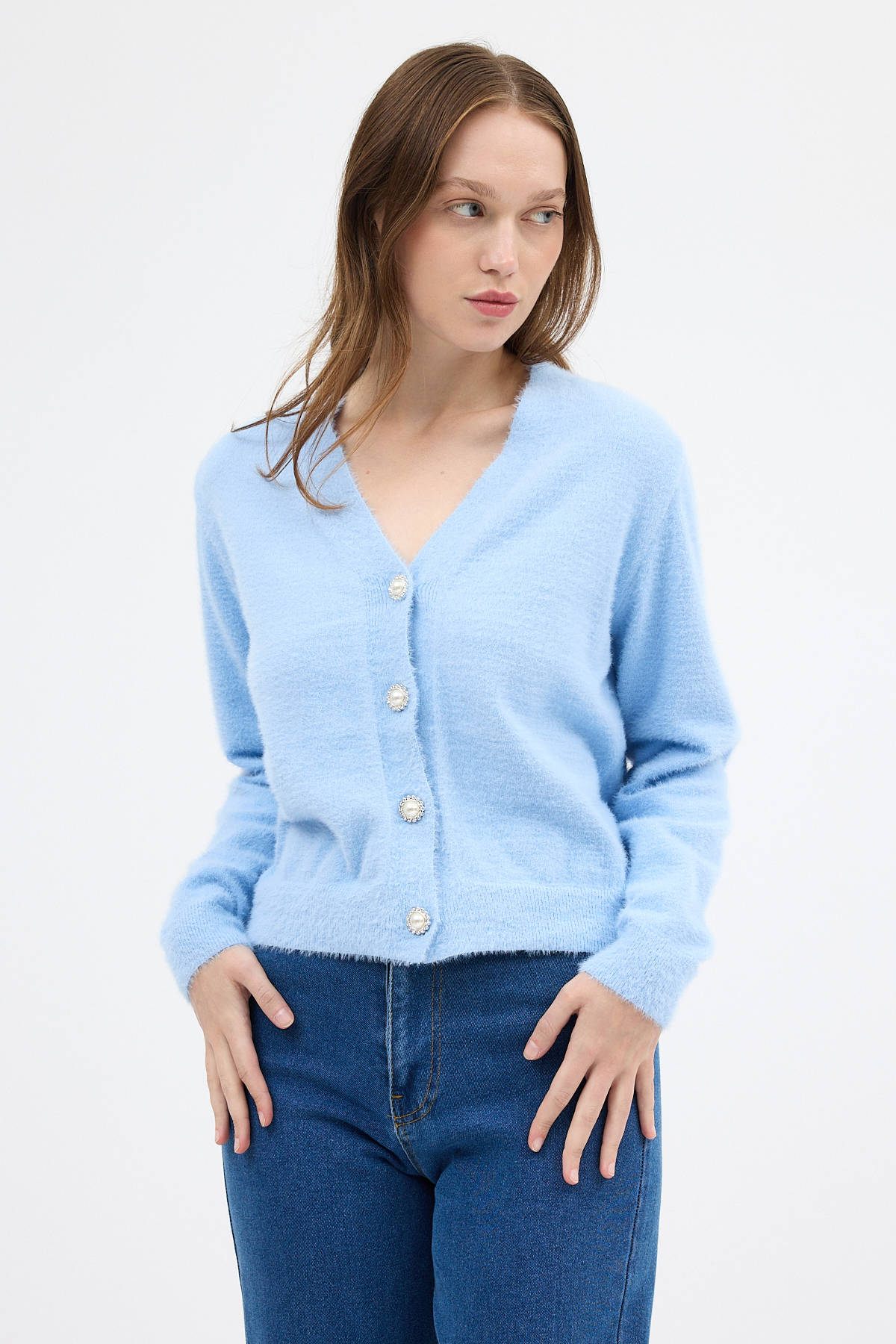 Bebe Mavi İnci Düğmeli Tüylü Kadın Crop Hırka 24170 - 6