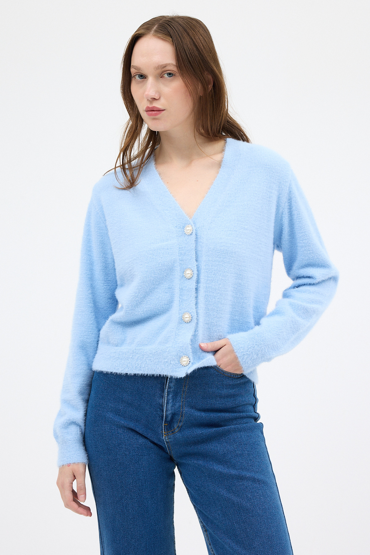 Bebe Mavi İnci Düğmeli Tüylü Kadın Crop Hırka 24170 