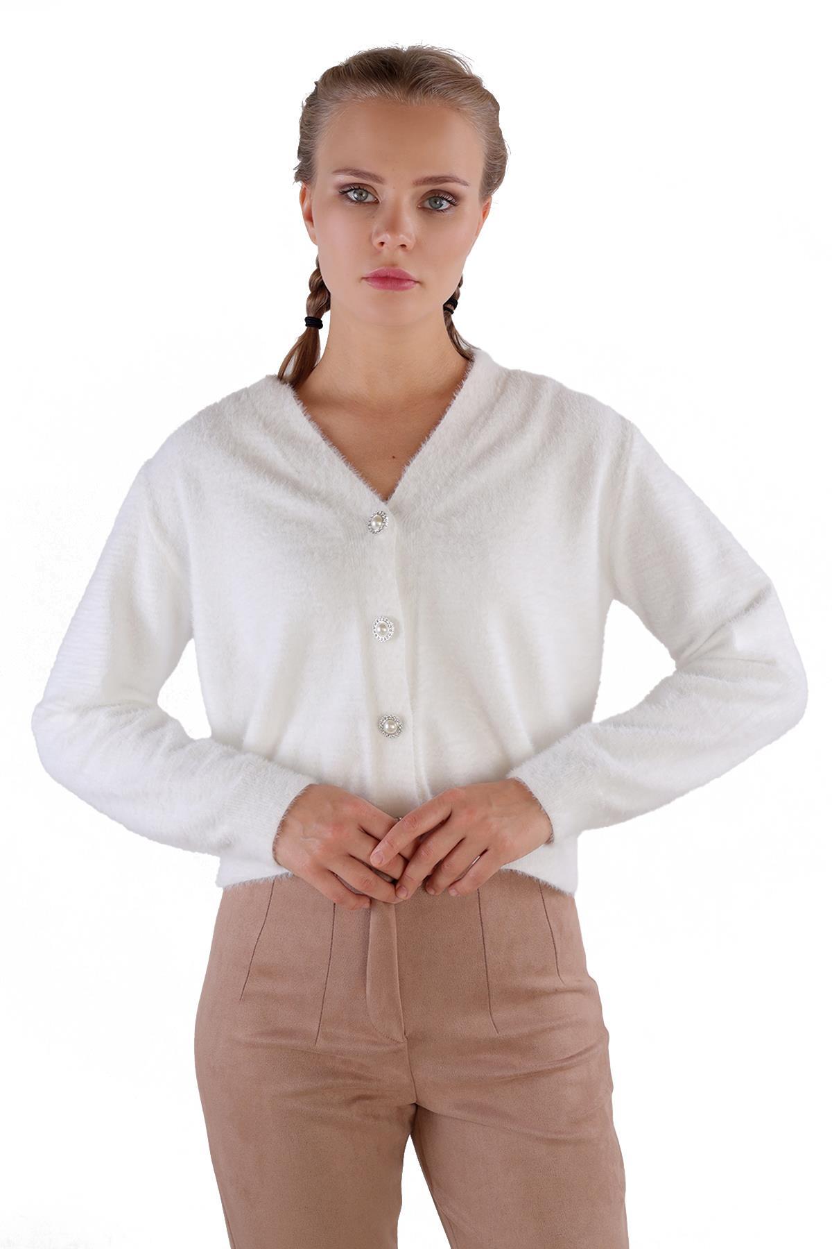 24170 Düğme Detay Sakallı Kısa Hırka Ekru - 1