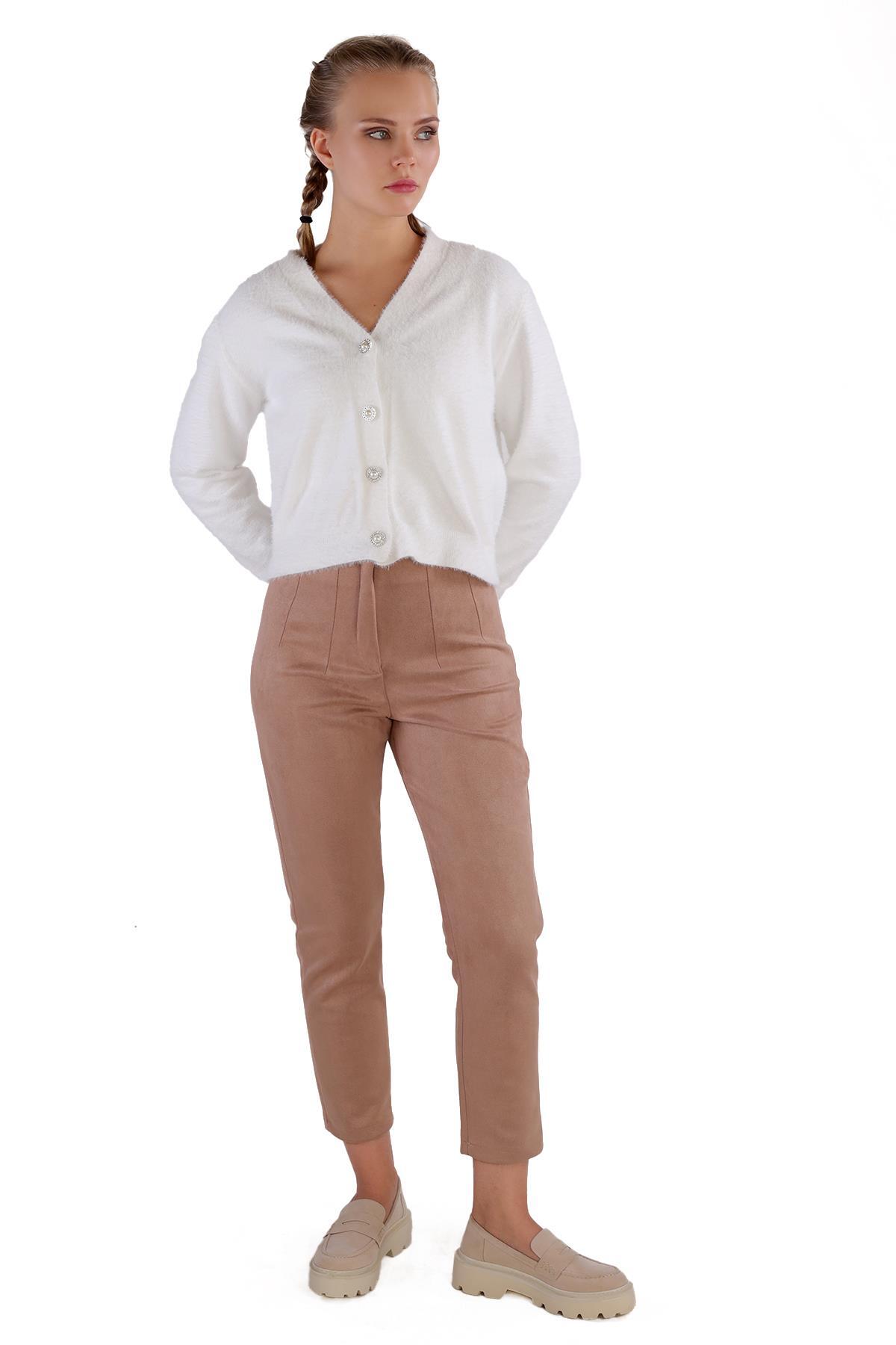 24170 Düğme Detay Sakallı Kısa Hırka Ekru - 2