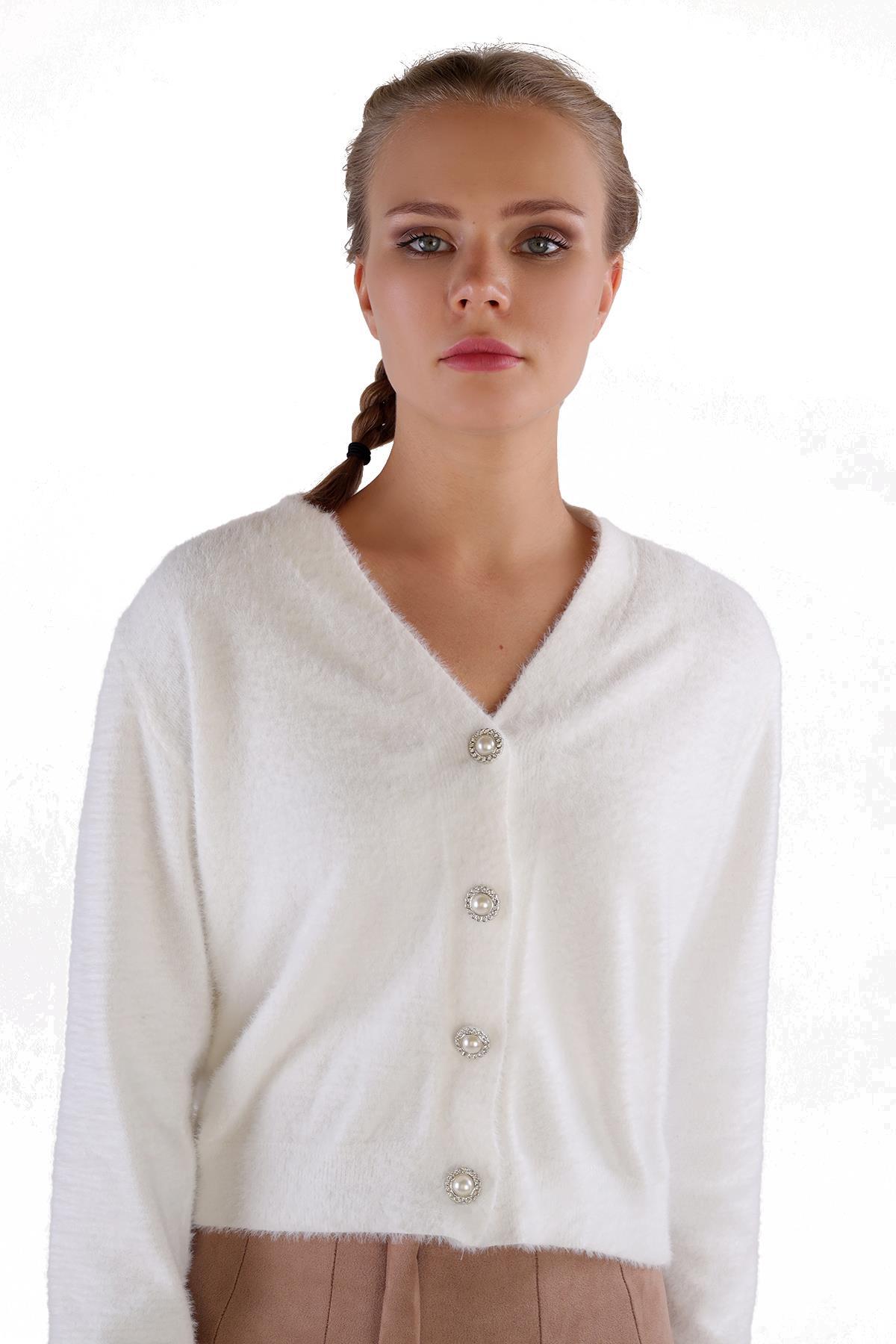 24170 Düğme Detay Sakallı Kısa Hırka Ekru - 7