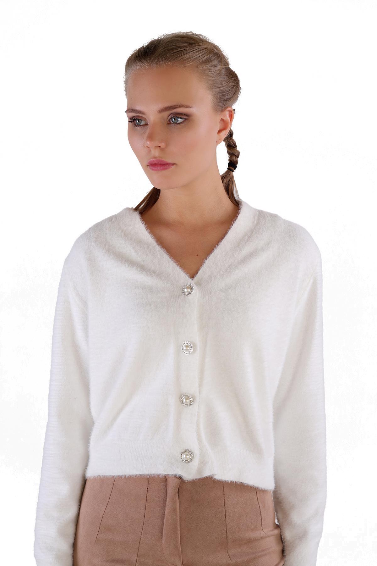 Ekru Düğme Detay Sakallı Kısa Hırka 24170 - 3