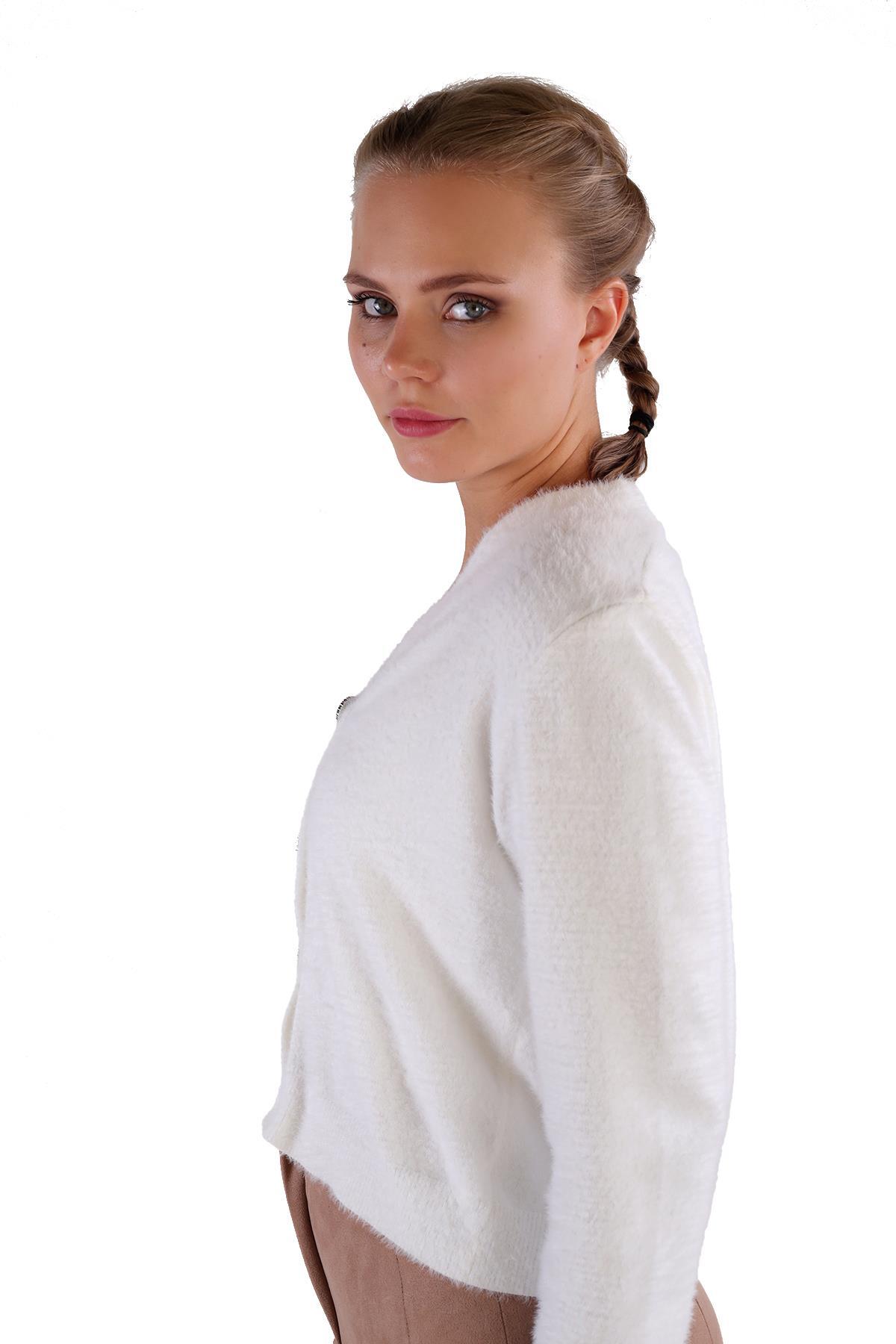 Ekru Düğme Detay Sakallı Kısa Hırka 24170 - 5