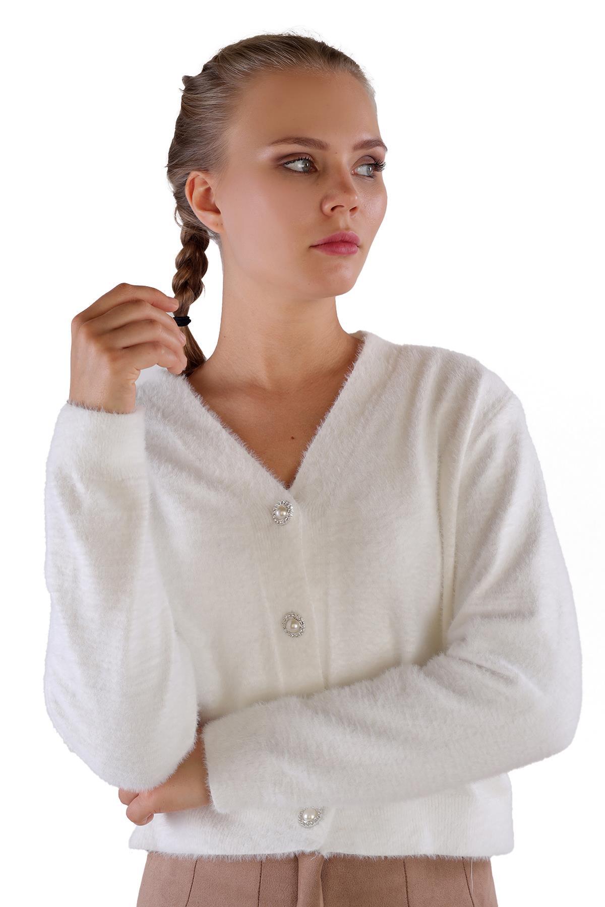 Ekru Düğme Detay Sakallı Kısa Hırka 24170 - 6