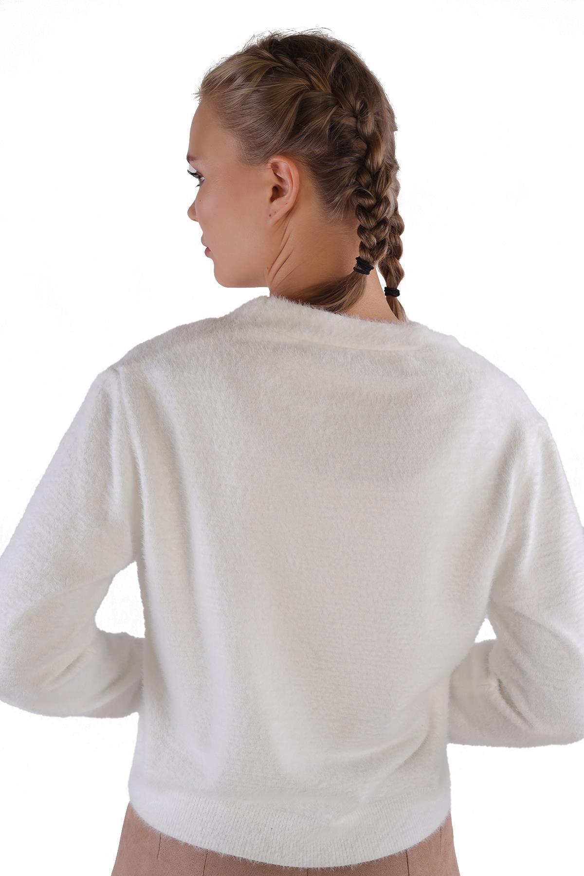 Ekru Düğme Detay Sakallı Kısa Hırka 24170 - 8