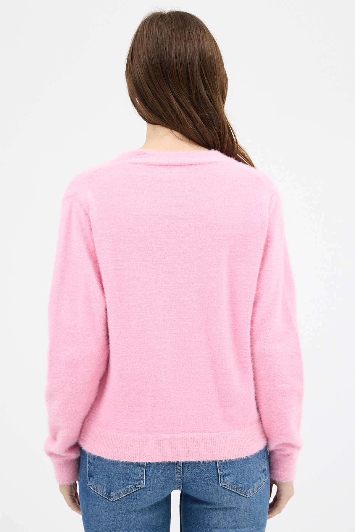 Pembe İnci Düğmeli Tüylü Kadın Crop Hırka 24170 - 5