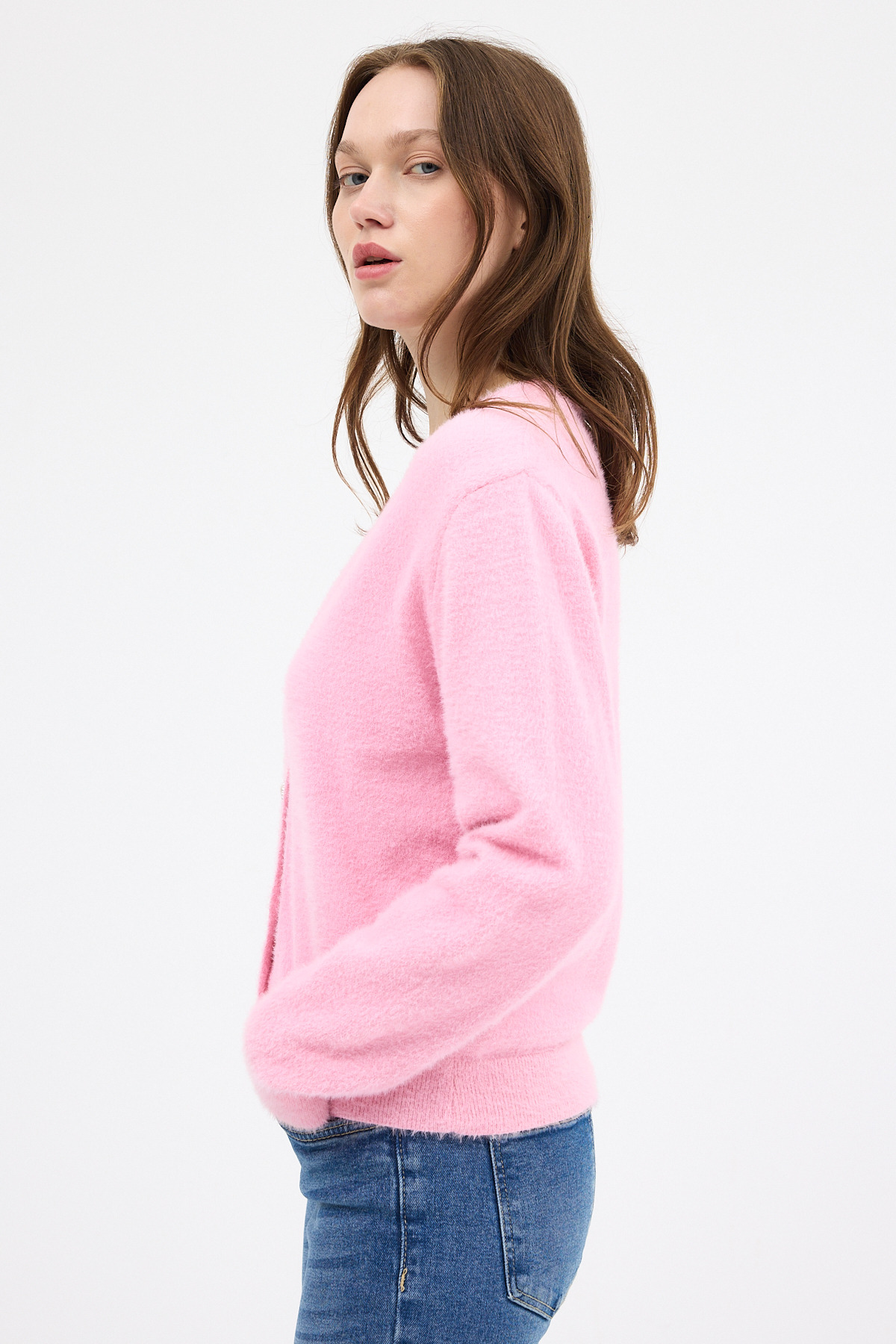 Pembe İnci Düğmeli Tüylü Kadın Crop Hırka 24170 - 7