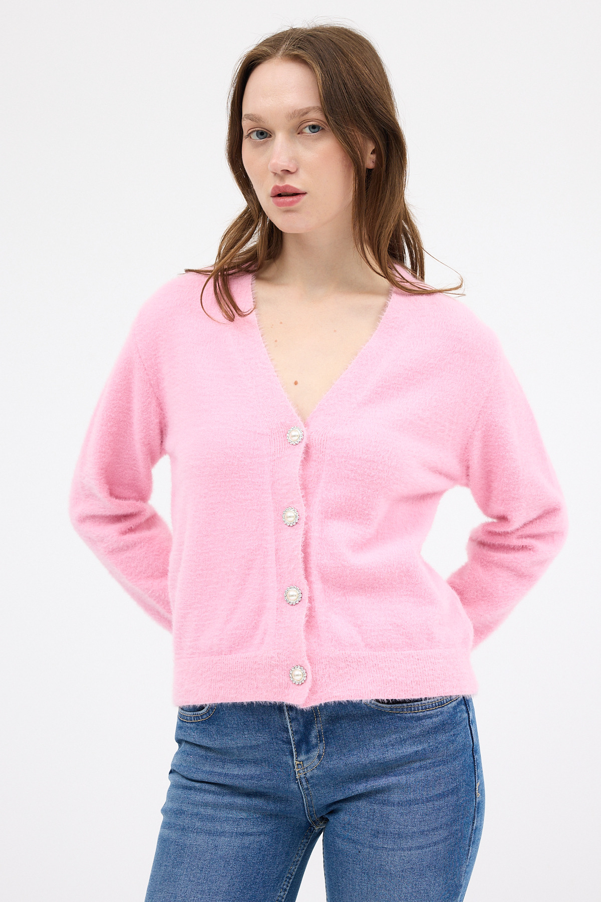 Pembe İnci Düğmeli Tüylü Kadın Crop Hırka 24170 - 6