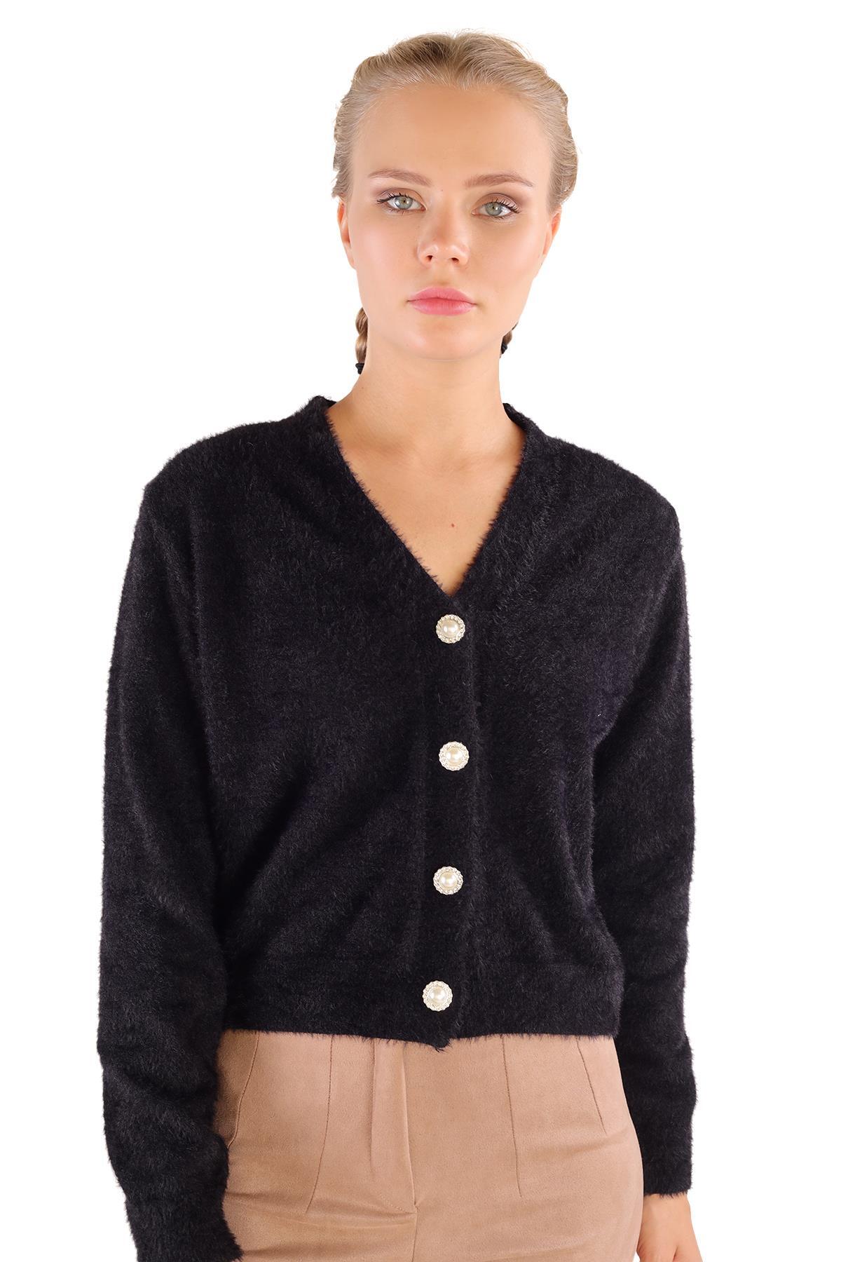 24170 Düğme Detay Sakallı Kısa Hırka Siyah 