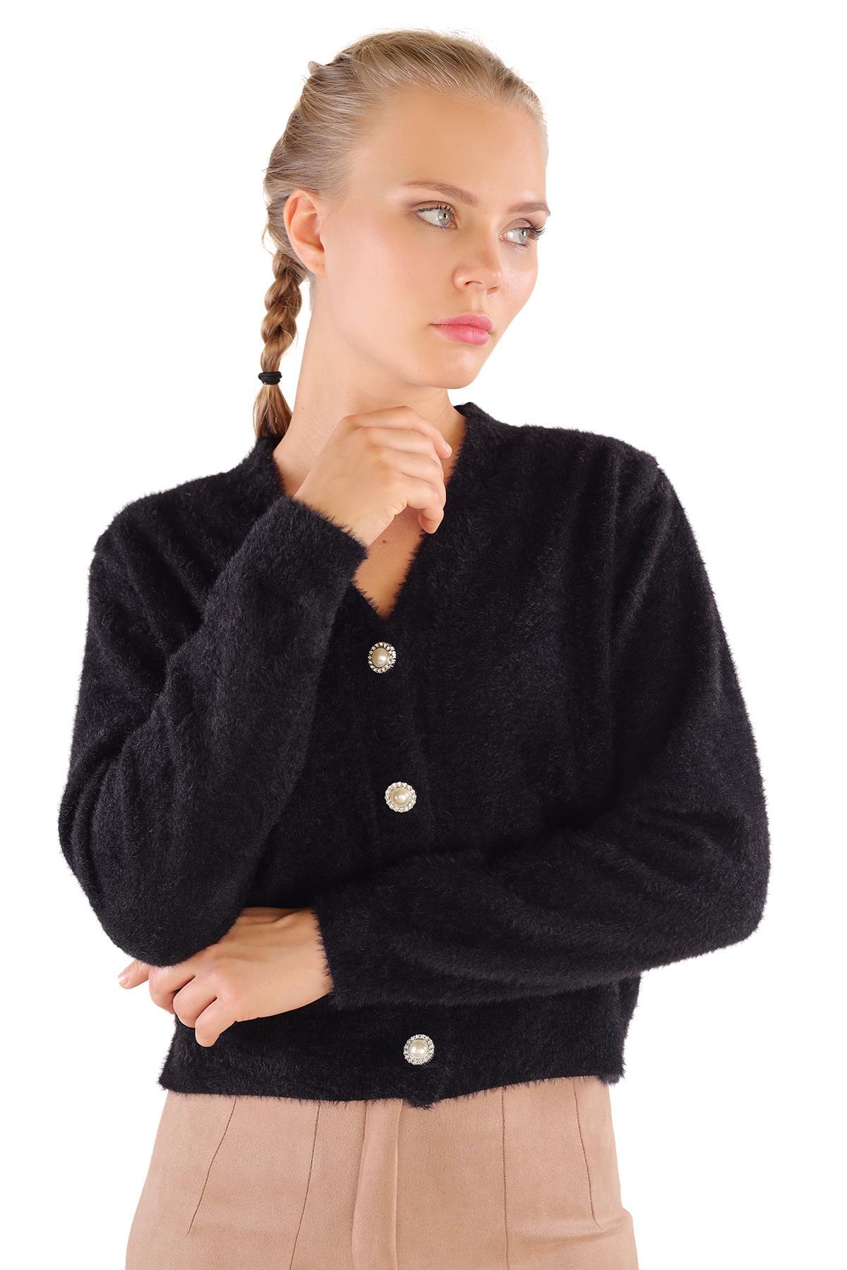 24170 Düğme Detay Sakallı Kısa Hırka Siyah - 3