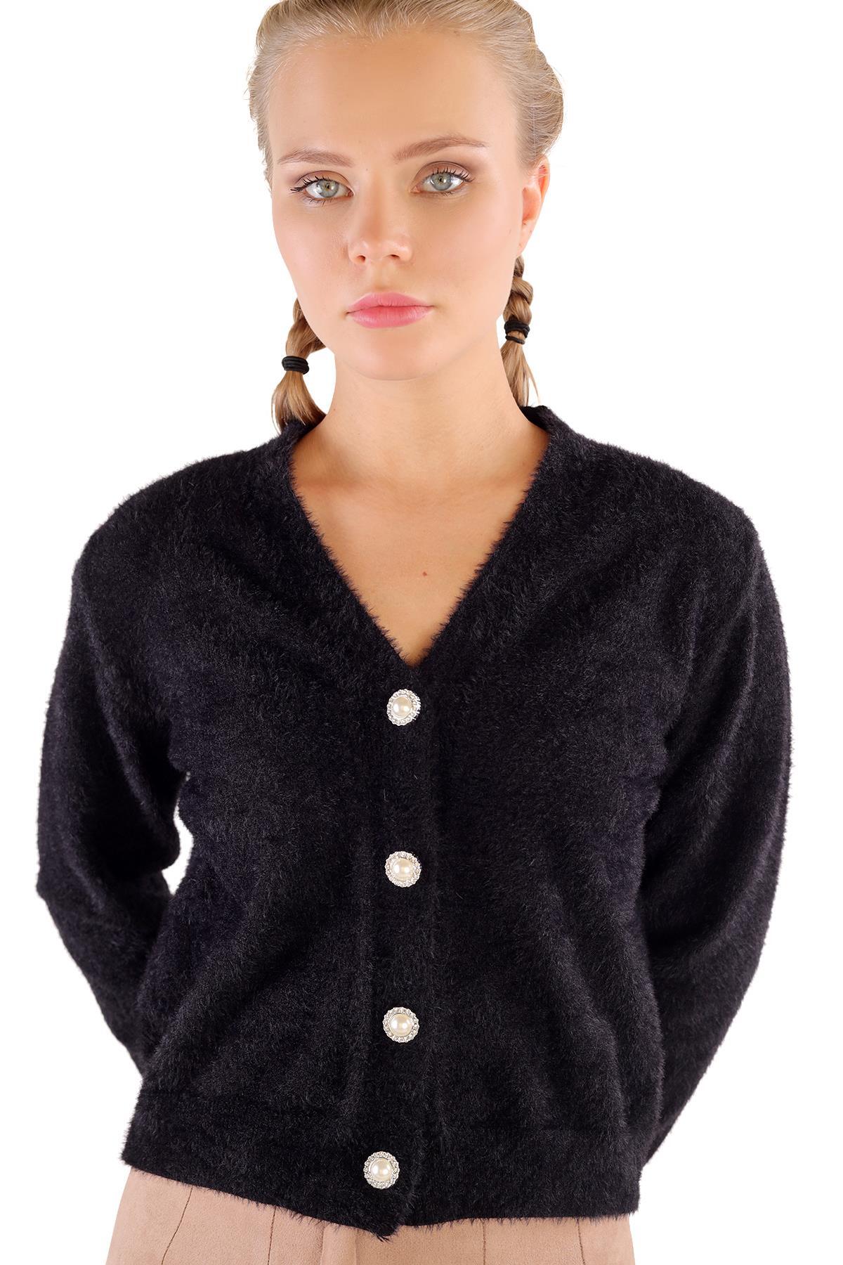 Siyah Düğme Detay Sakallı Kısa Hırka 24170 - 7