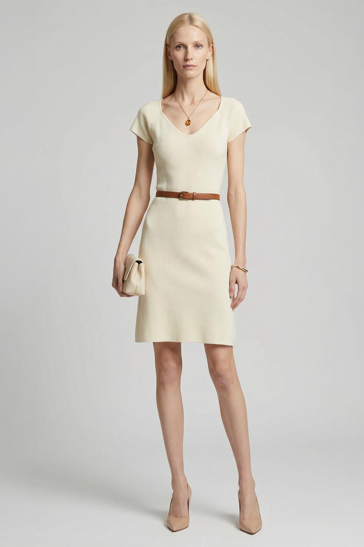 Taş U Yaka Kısa Kol Triko Elbise 24171 - 1