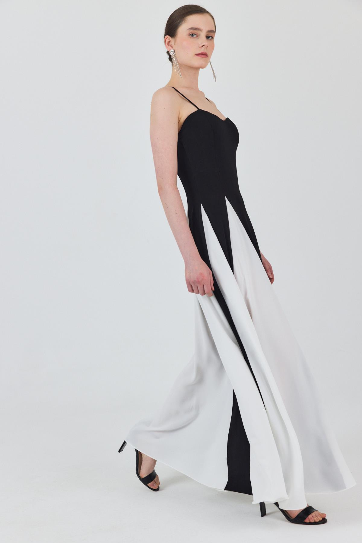 Siyah Şifon Etek Detaylı Ayarlanabilir Askılı Uzun Volan Elbise 241792 - 3