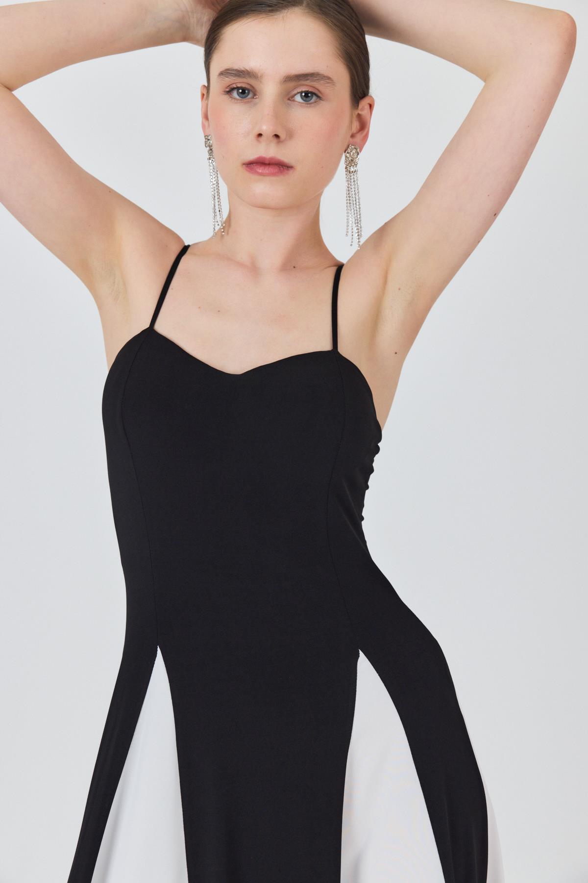 Siyah Şifon Etek Detaylı Ayarlanabilir Askılı Uzun Volan Elbise 241792 - 4