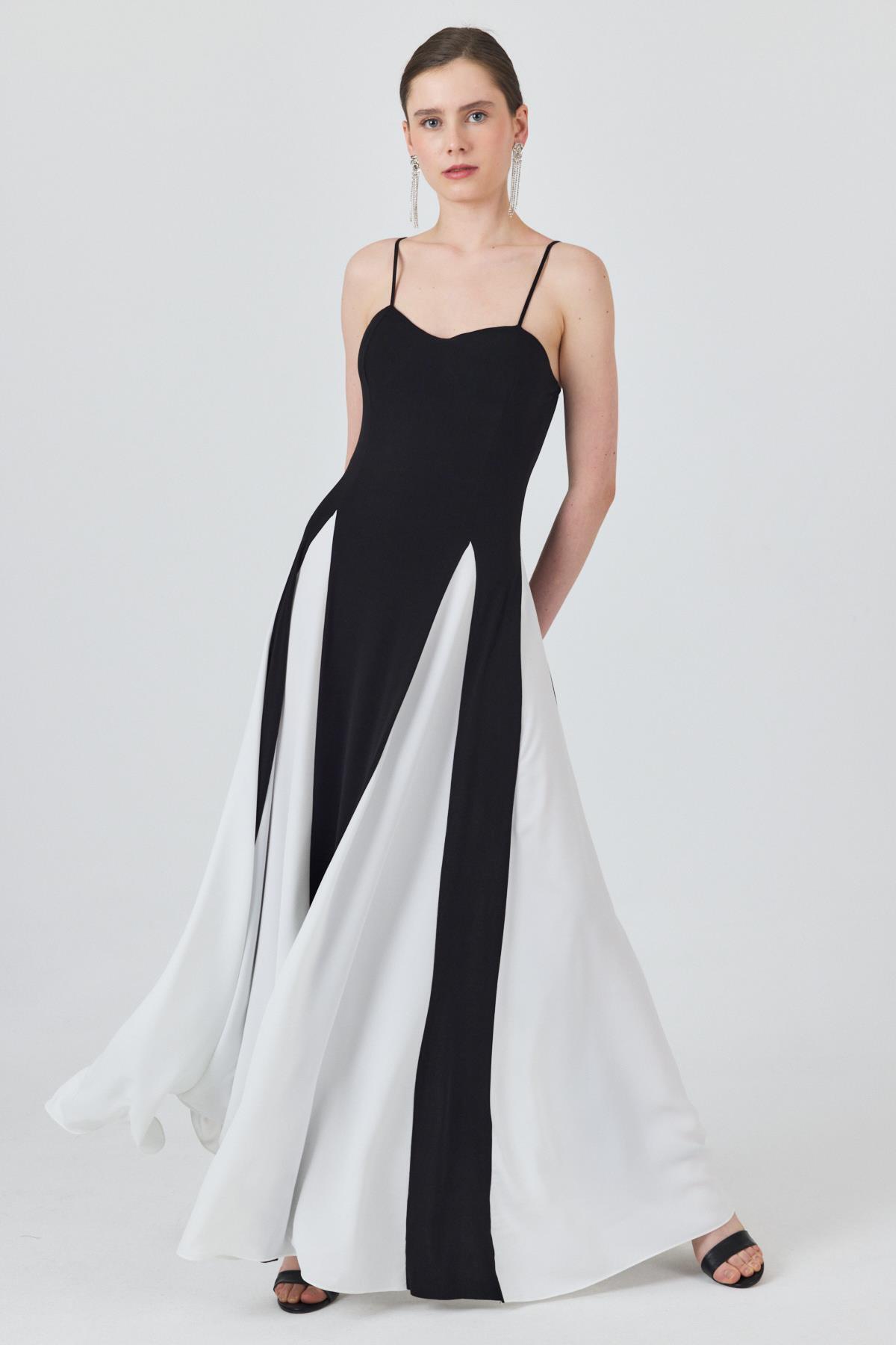 Siyah Şifon Etek Detaylı Ayarlanabilir Askılı Uzun Volan Elbise 241792 - 1