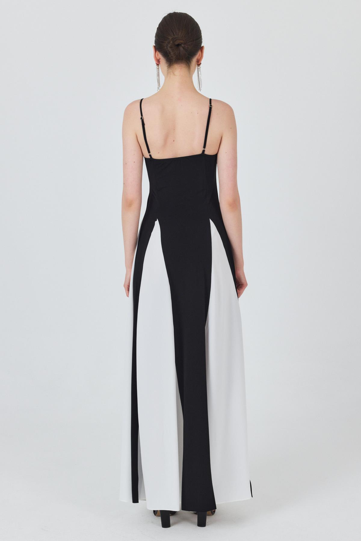 Siyah Şifon Etek Detaylı Ayarlanabilir Askılı Uzun Volan Elbise 241792 - 5