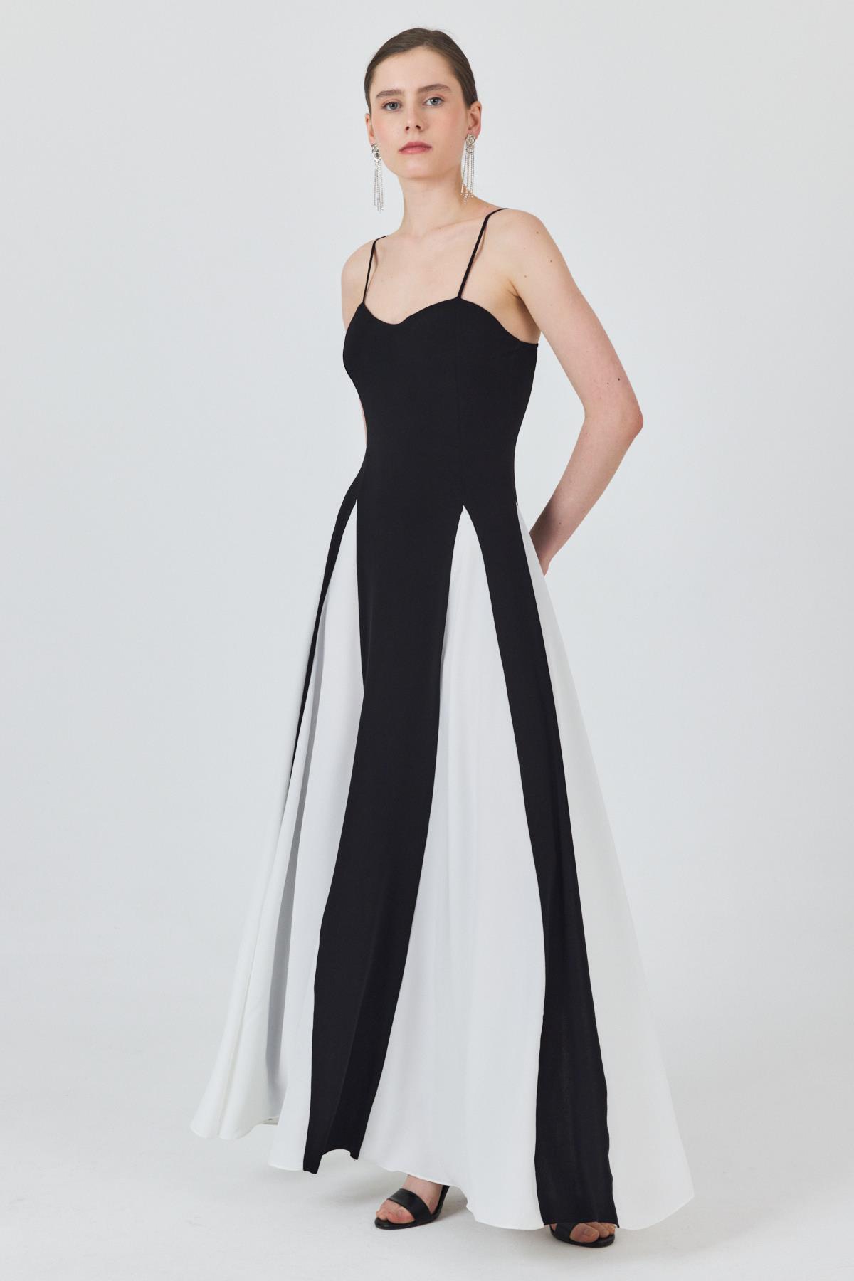 Siyah Şifon Etek Detaylı Ayarlanabilir Askılı Uzun Volan Elbise 241792 - 6