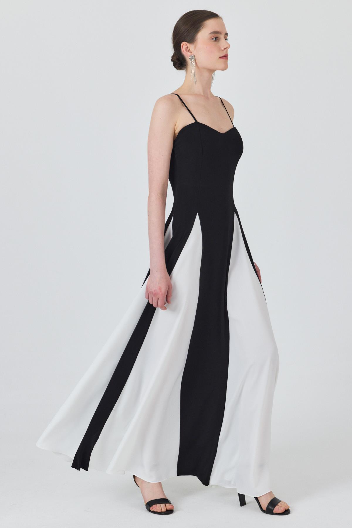 Siyah Şifon Etek Detaylı Ayarlanabilir Askılı Uzun Volan Elbise 241792 - 7