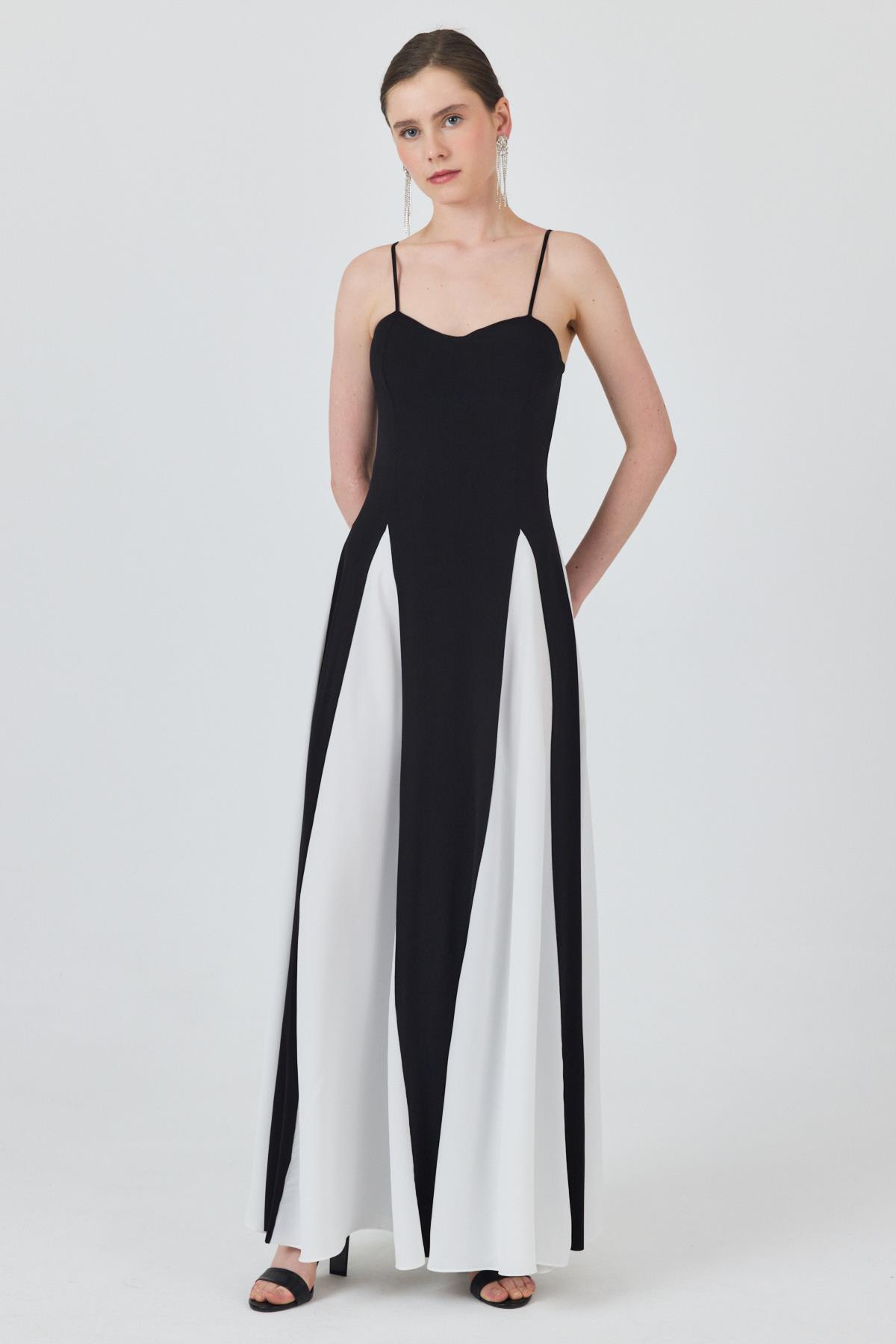 Siyah Şifon Etek Detaylı Ayarlanabilir Askılı Uzun Volan Elbise 241792 - 2