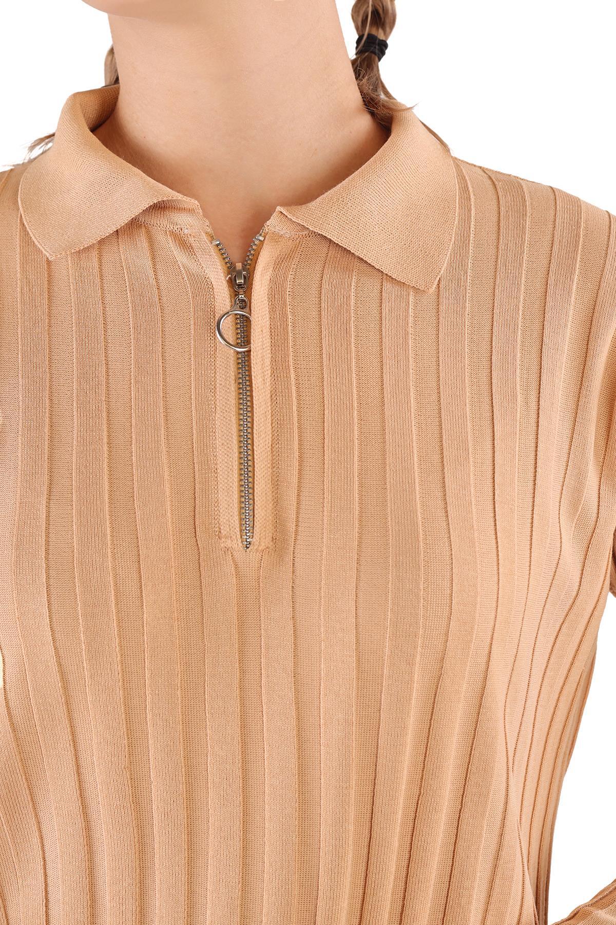 24199 Fermuar Detay Fitilli Kazak Camel - RAYS