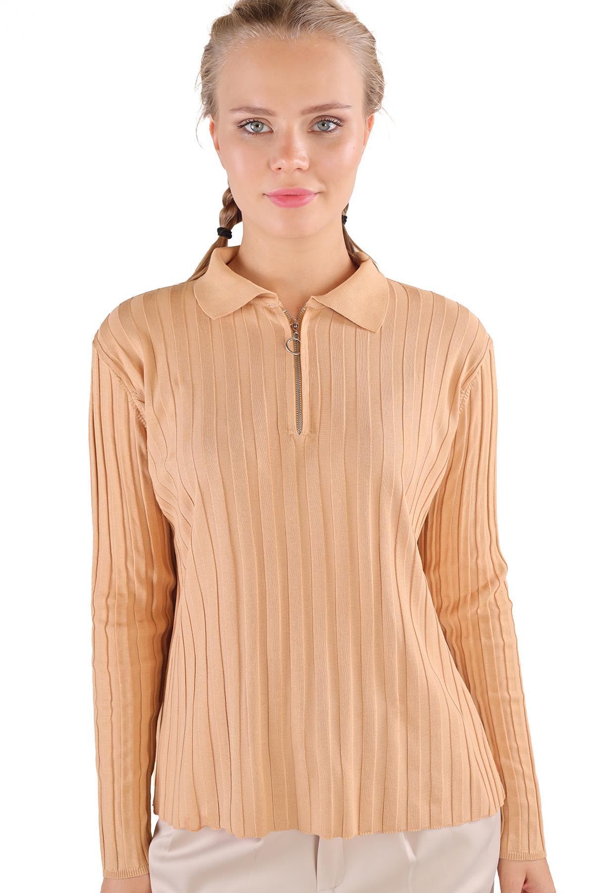 24199 Fermuar Detay Fitilli Kazak Camel - RAYS