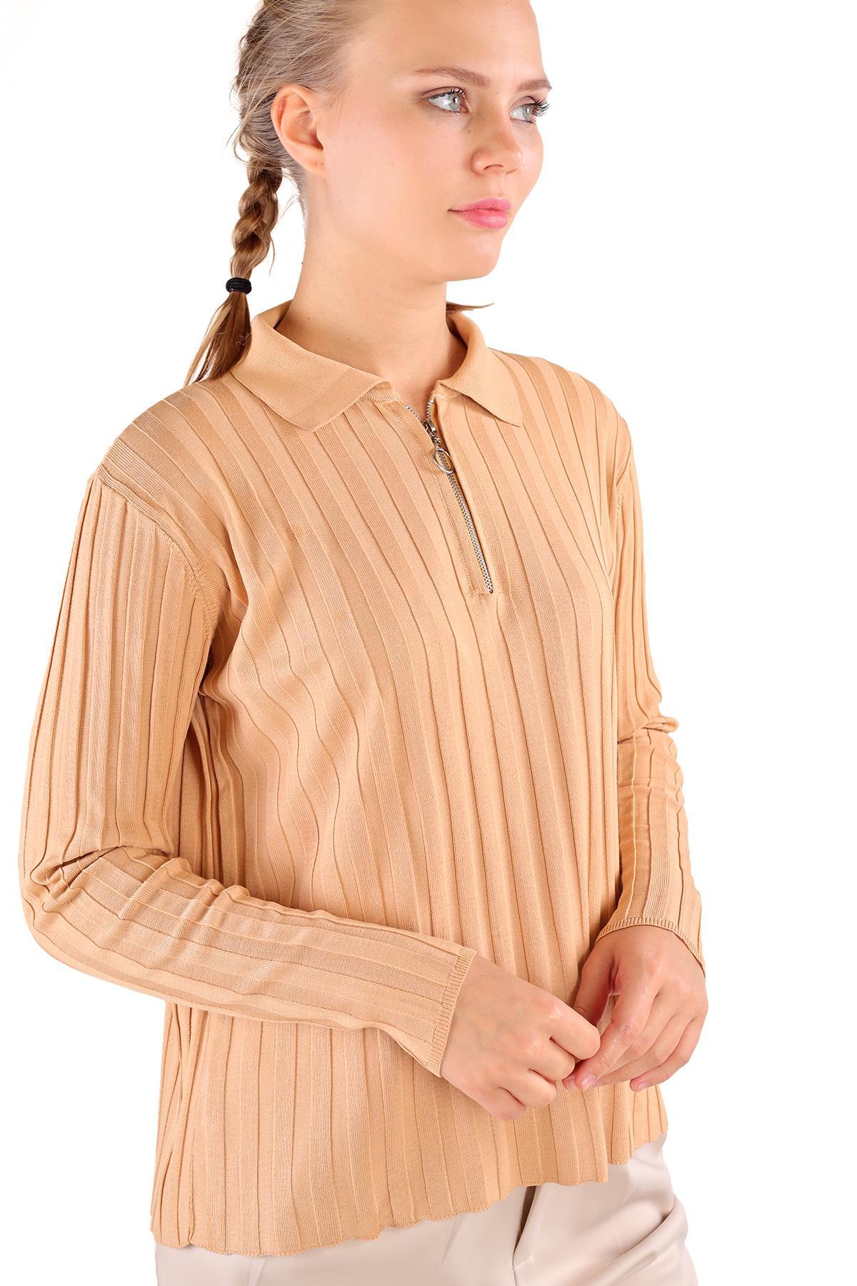 Camel Fermuar Detay Fitilli Kazak 24199 - 2