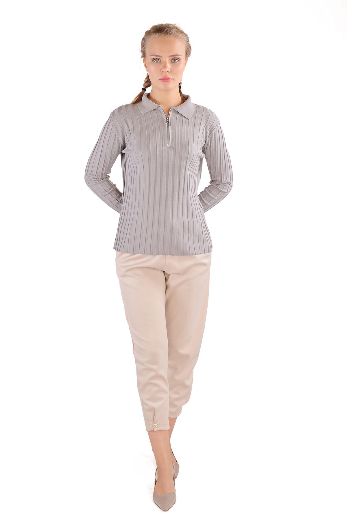 Gri Fermuar Detay Fitilli Kazak 24199 