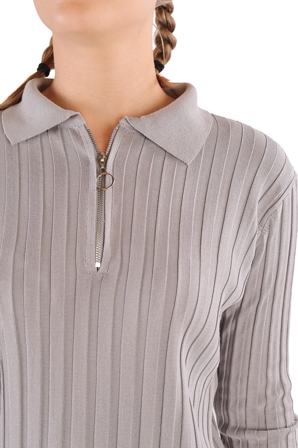 Gri Fermuar Detay Fitilli Kazak 24199 - 4