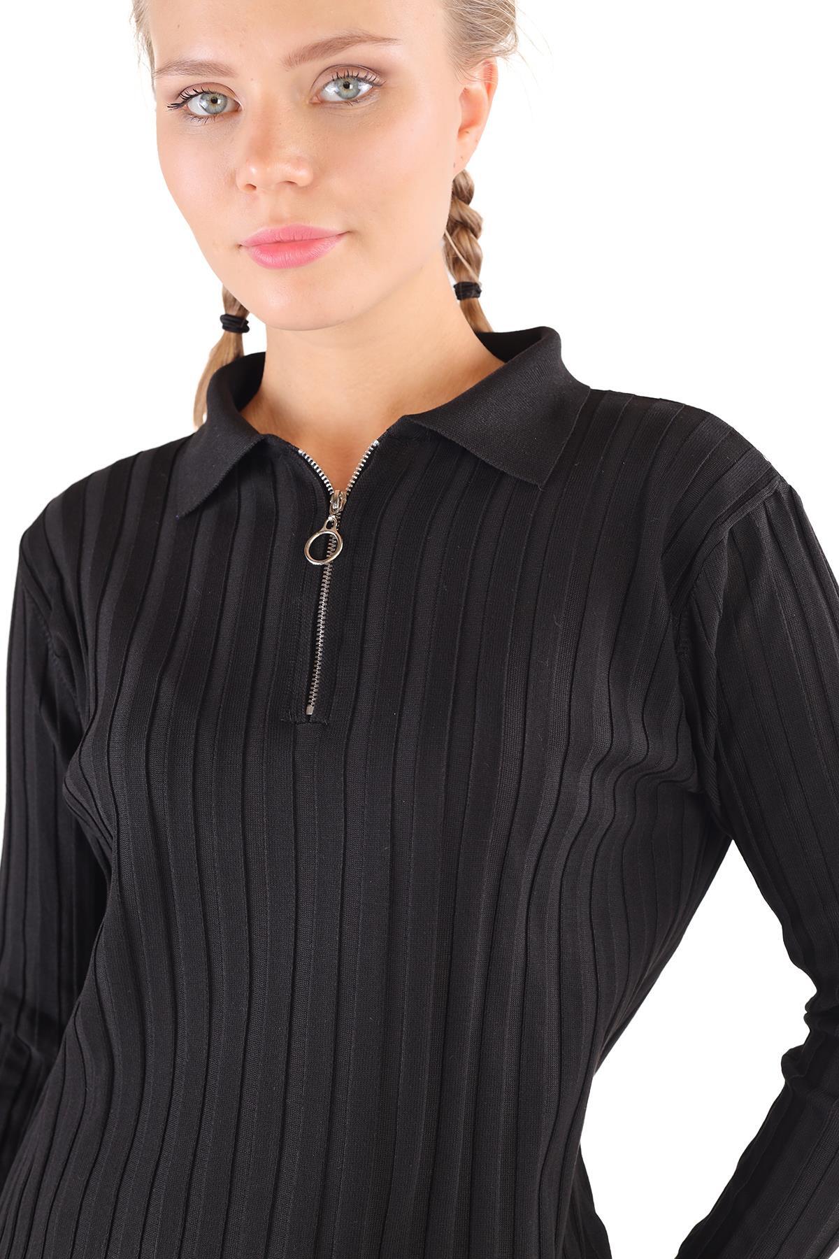 Siyah Fermuar Detay Fitilli Kazak 24199 - 3