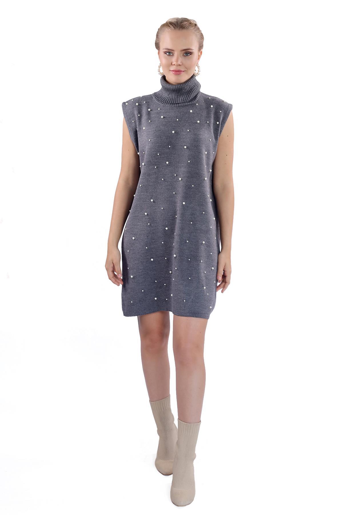 Füme İnci Detay Balıkçı Yaka Elbise 24202 - 1