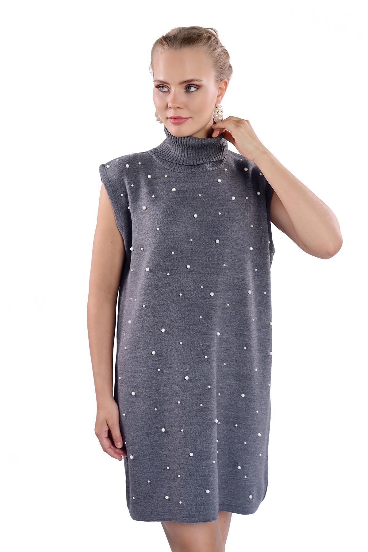 Füme İnci Detay Balıkçı Yaka Elbise 24202 - 2