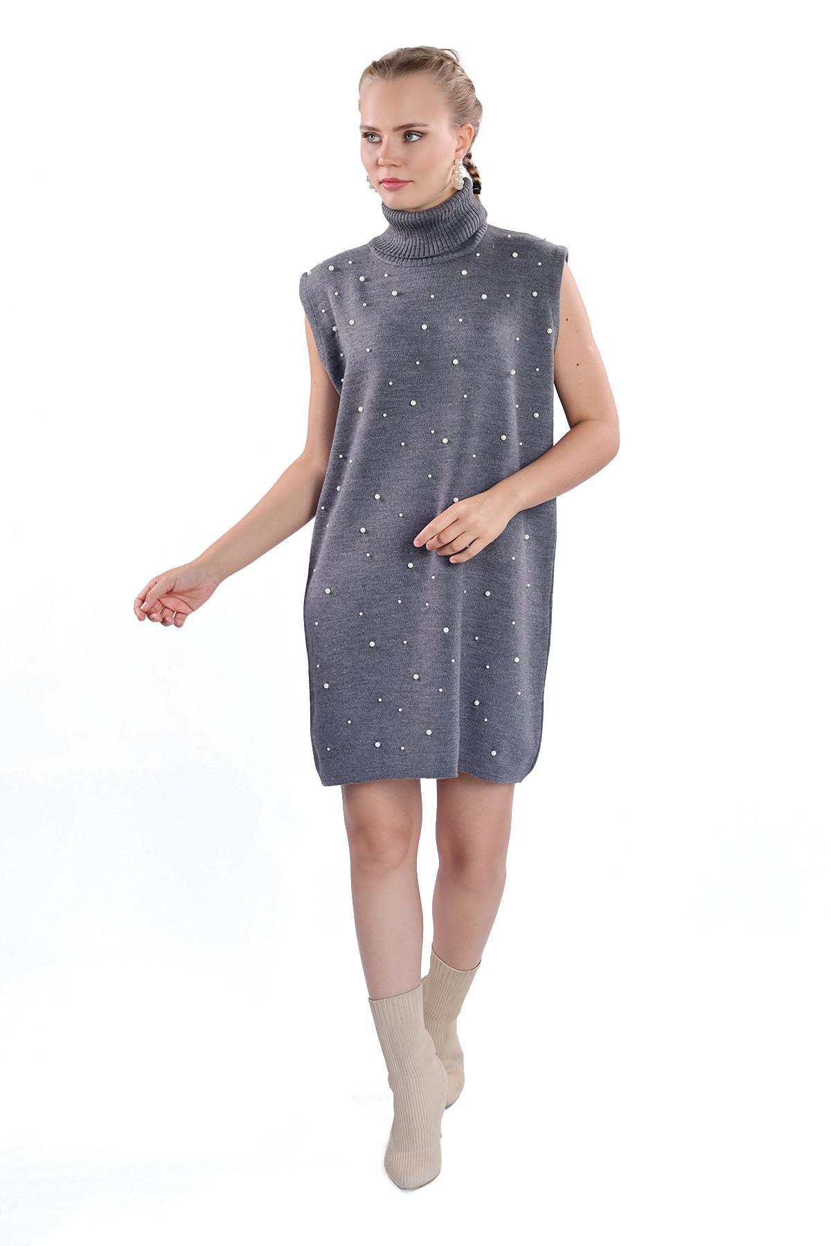 24202 İnci Detay Balıkçı Yaka Elbise Füme - RAYS