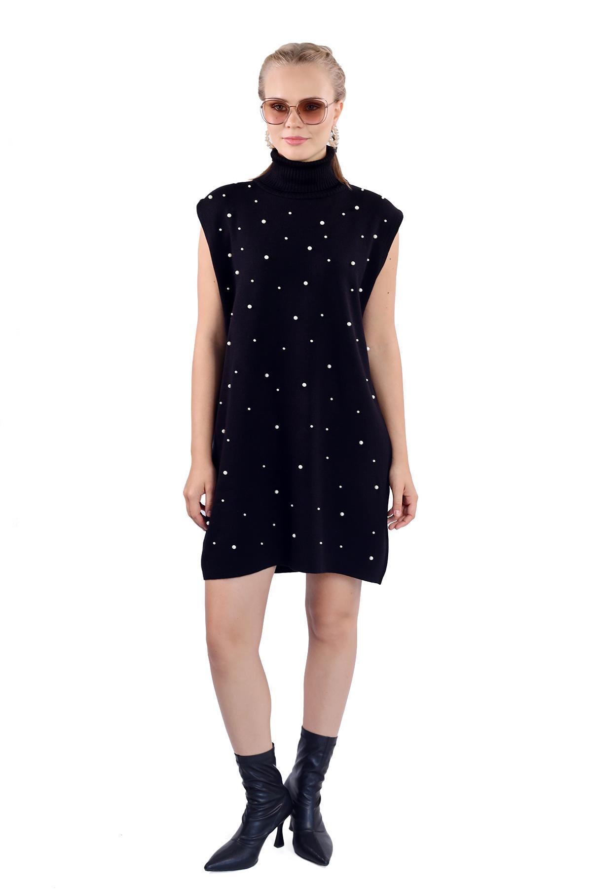 Siyah İnci Detay Balıkçı Yaka Elbise 24202 - 1