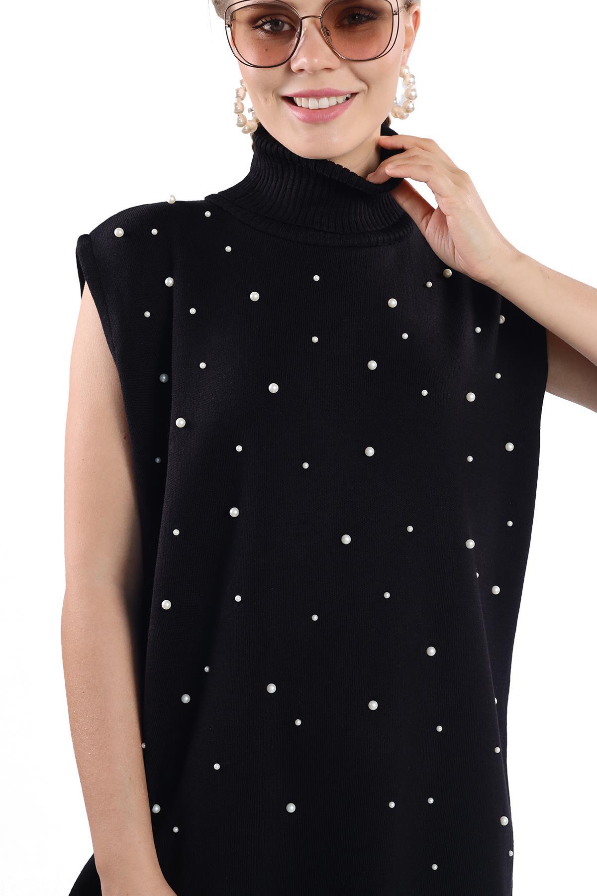 Siyah İnci Detay Balıkçı Yaka Elbise 24202 - 4