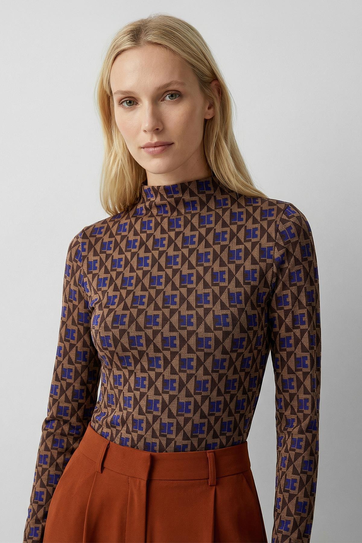 242143 Desenli Dik yaka Bluz Mavi - 1